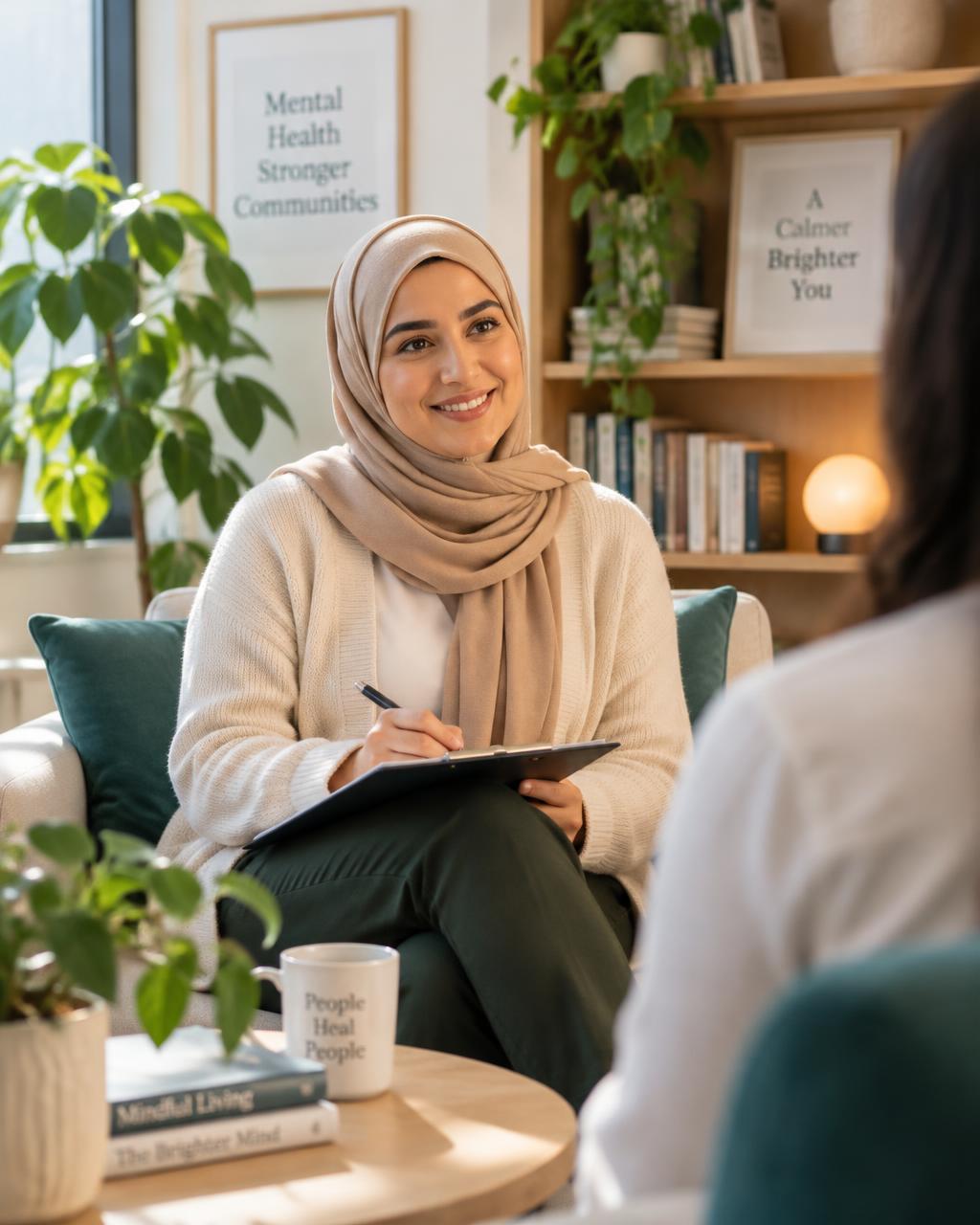 A clinician meeting with a client in a bright, welcoming office
